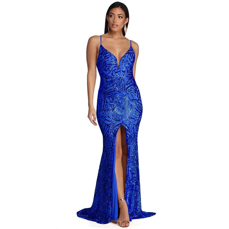 Geometric Sequin Sling Evening Gown
