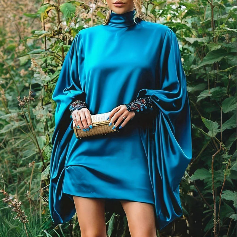 Plus Size Women's Solid Color High Neck Lantern Sleeve Dress - Elegant Evening Gown For Spring&Summer