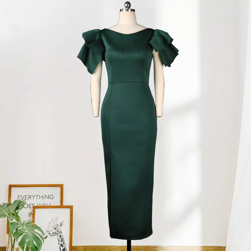 Women's Plus Size Slim-fit Green Evening Gown With Split Ends