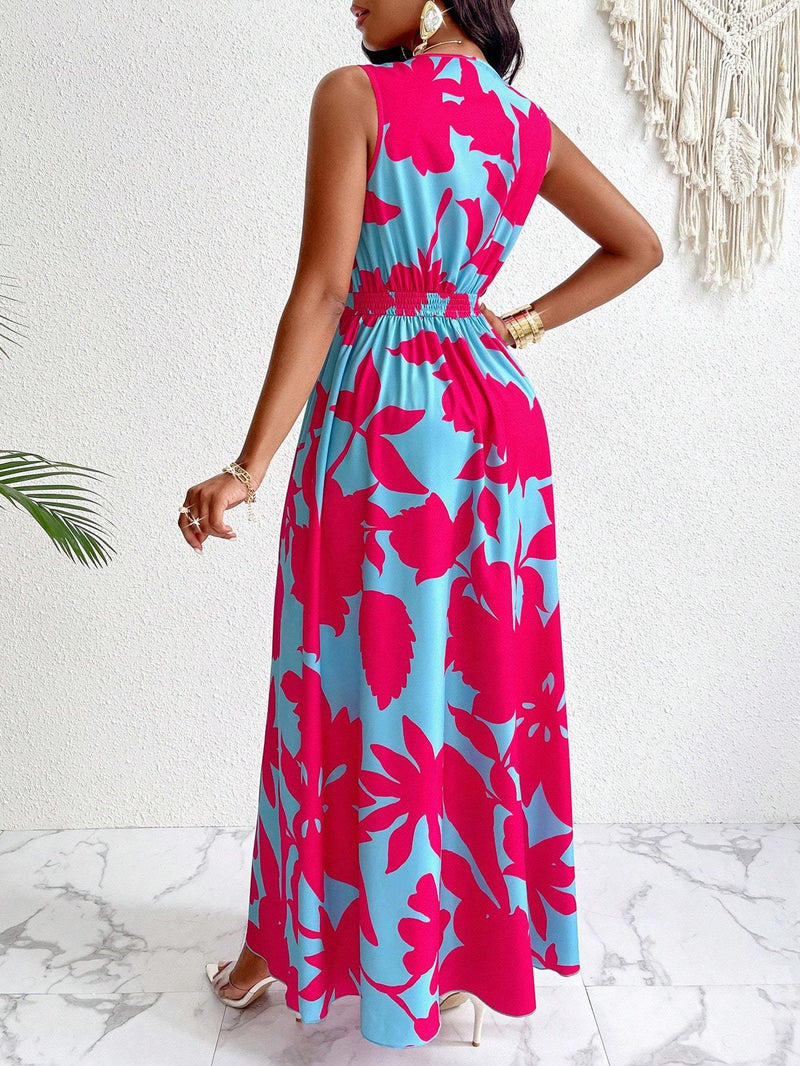 Print Deep V Neckline Cinched Waist Fit And Flare Dress Maxi Women Outfit
