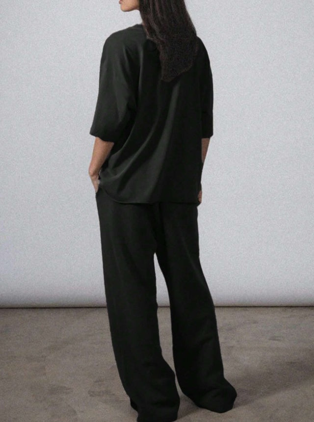 2pcs Women Solid Color Crew Neck Short Sleeve Top And Long Pants Casual Outfit