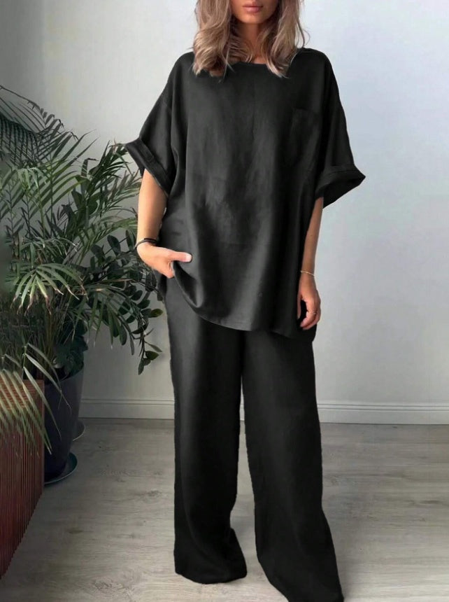 2pcs Women Solid Color Crew Neck Short Sleeve Top And Long Pants Casual Outfit