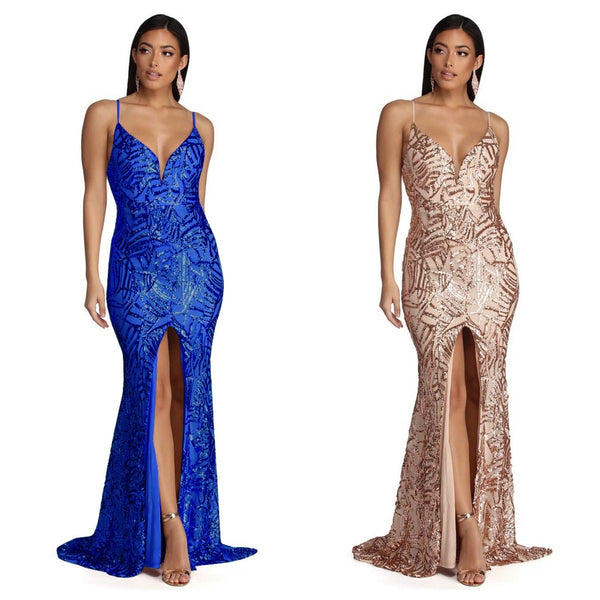 Geometric Sequin Sling Evening Gown
