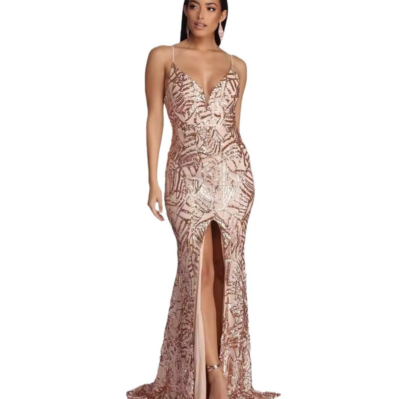 Geometric Sequin Sling Evening Gown