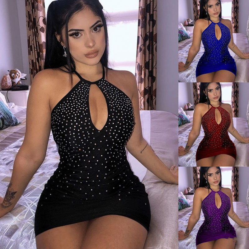 Stitched Slim-fitting Hot Diamond Backless Sexy Nightclub Evening Gown.