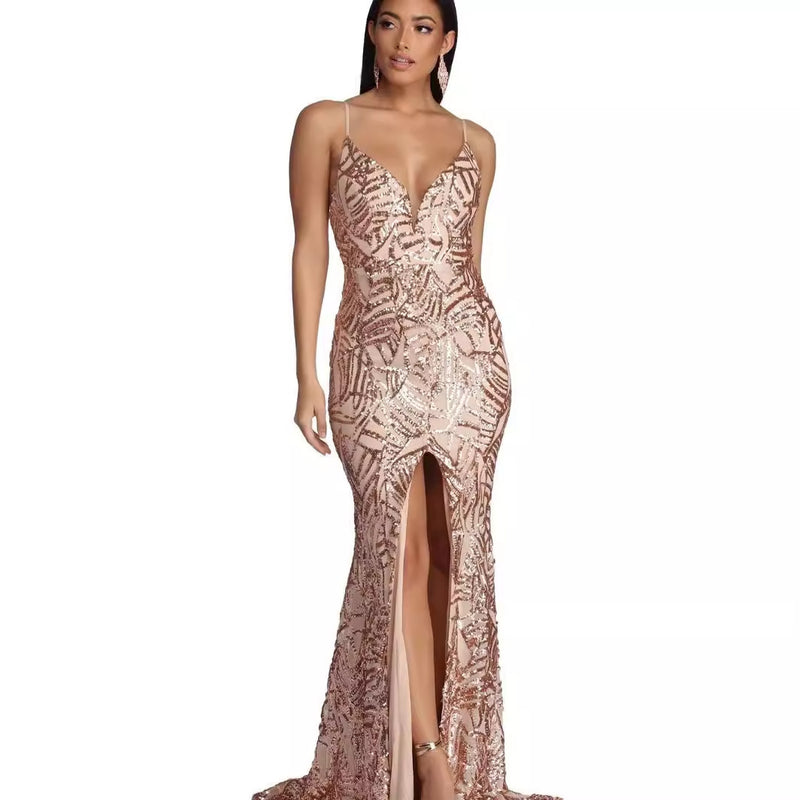 Geometric Sequin Sling Evening Gown