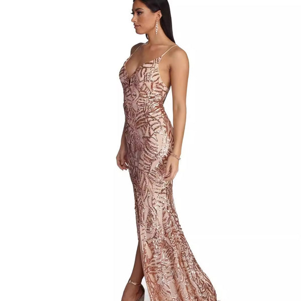 Geometric Sequin Sling Evening Gown