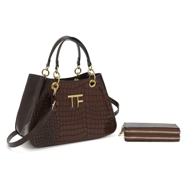 TF Glossy Croc-Embossed Leather Handbag Set | Premium Tote with Matching Purse
