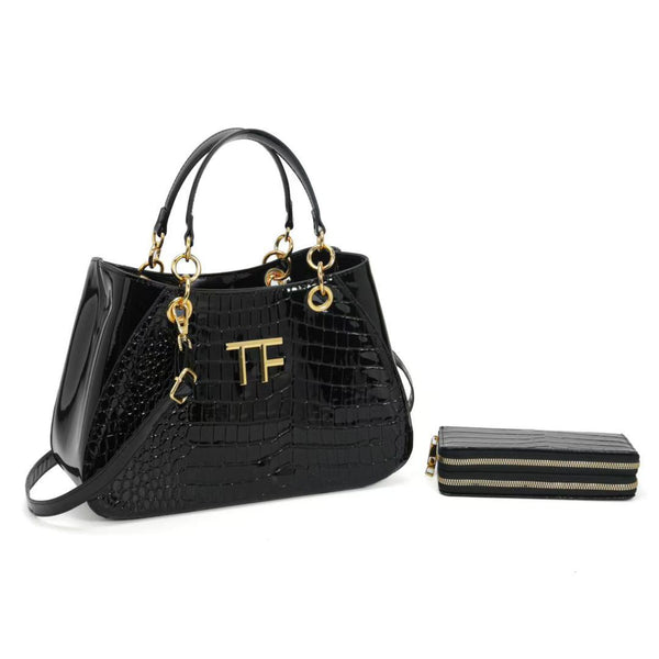 TF Glossy Croc-Embossed Leather Handbag Set | Premium Tote with Matching Purse