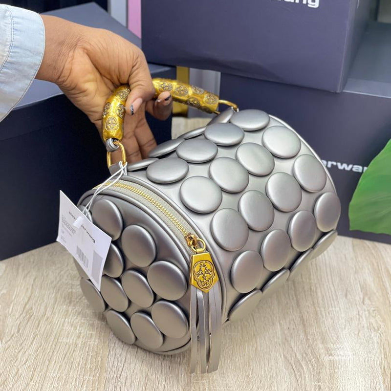 Alexander Wang Luxury Bubble Dome Bag | Premium Metallic Barrel Handbag with Gold Detailing (Available in Silver, Black, White & Red)