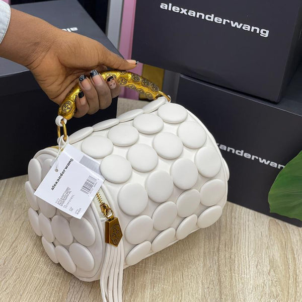 Alexander Wang Luxury Bubble Dome Bag | Premium Metallic Barrel Handbag with Gold Detailing (Available in Silver, Black, White & Red)