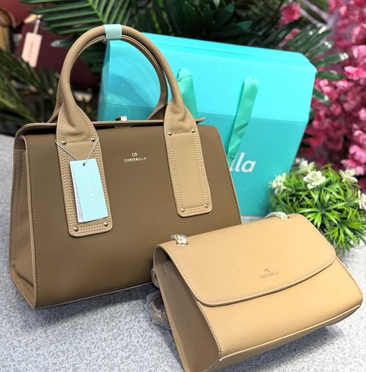 Chrisbella 2-in-1 Premium Handbag Set – Elegant Brown Tote & Nude Shoulder Bag