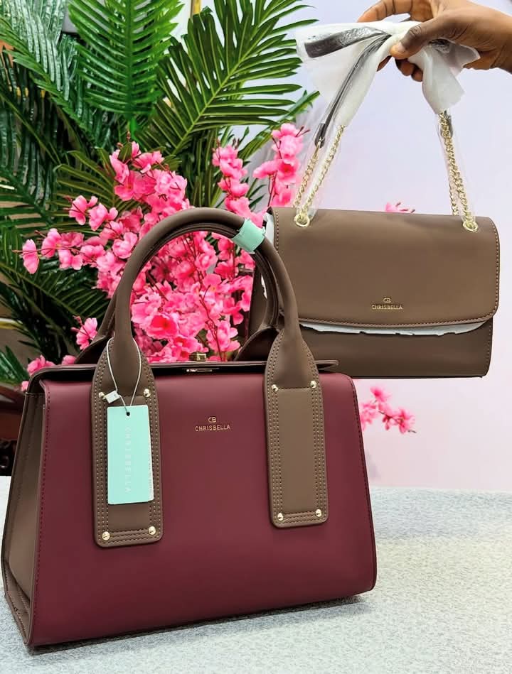 Chrisbella 2-in-1 Premium Handbag Set – Elegant Brown Tote & Nude Shoulder Bag