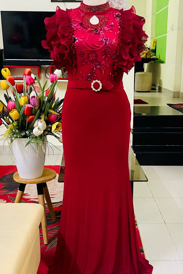 Elegant Mermaid Evening Gown with Beaded Bodice and Dramatic Ruffle Sleeves