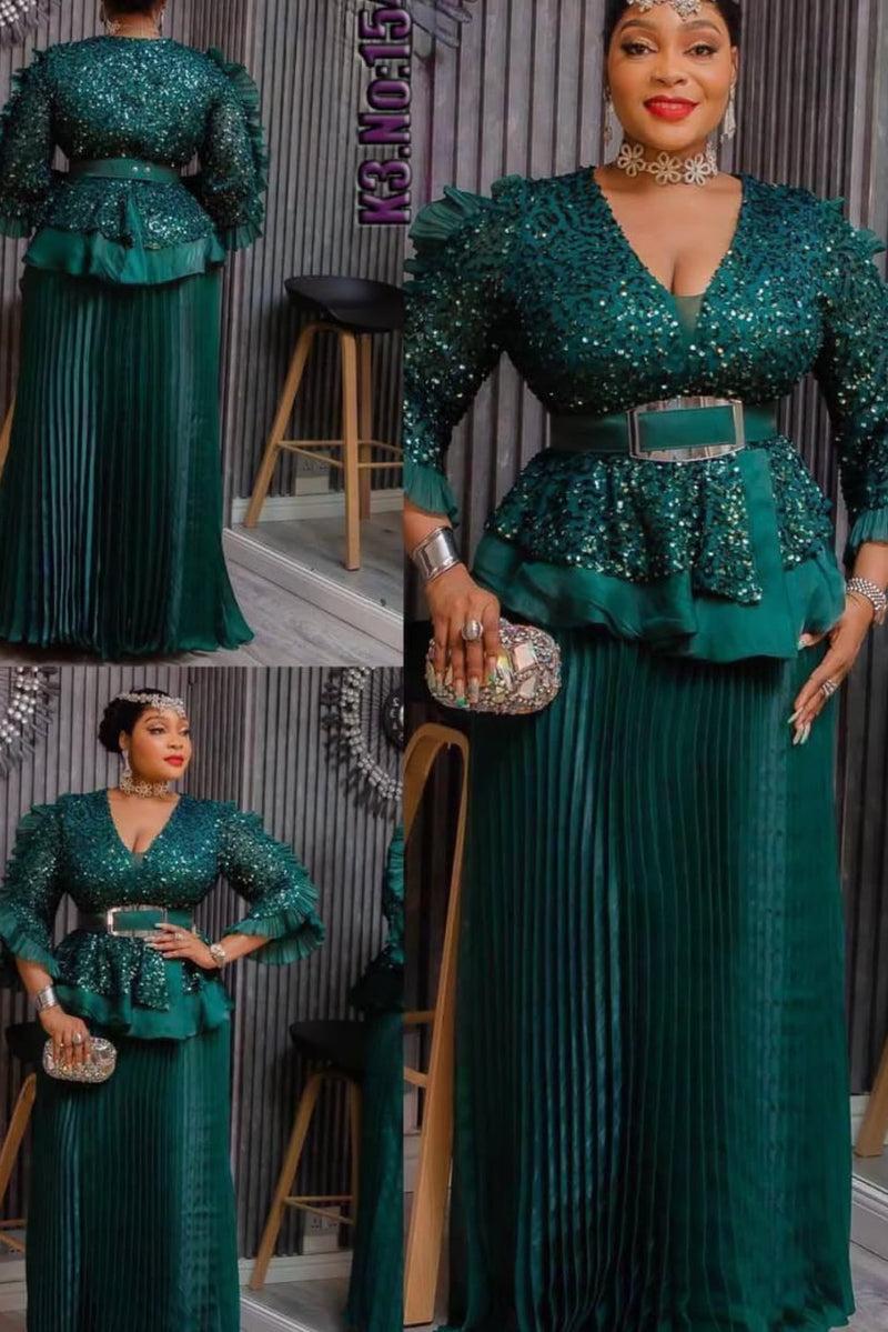 Luxury Sequined Pleated Maxi Gown for Women Premium Peach, Green, Blue Sequin Peplum Maxi Dress Elegant Party & Occasion Dress