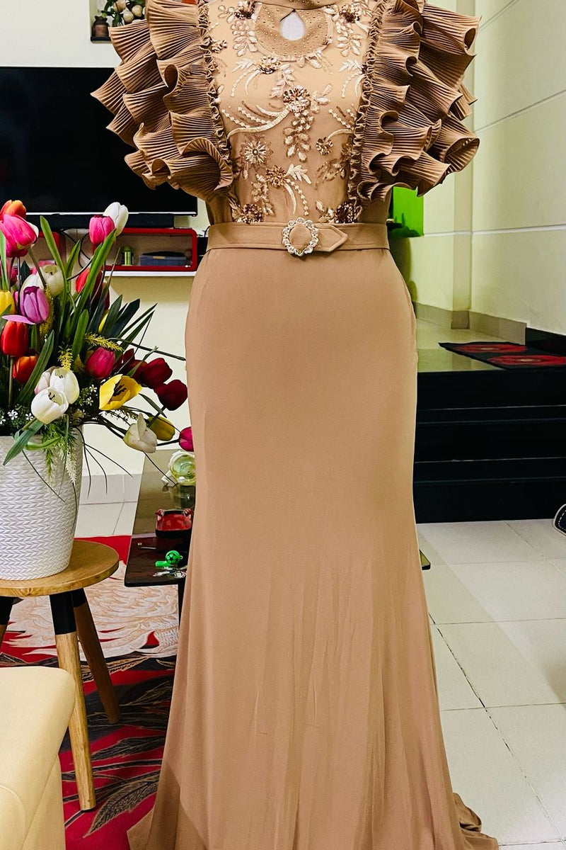 Elegant Mermaid Evening Gown with Beaded Bodice and Dramatic Ruffle Sleeves