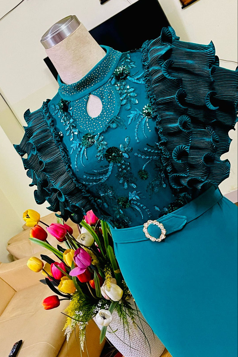 Elegant Mermaid Evening Gown with Beaded Bodice and Dramatic Ruffle Sleeves