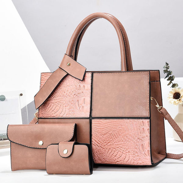 3-in-1 Premium Croc-Textured Handbag Set – Elegant Tote, Purse & Card Holder (Brown, Black, Bronze, Grey, Wine & Pink Colors)