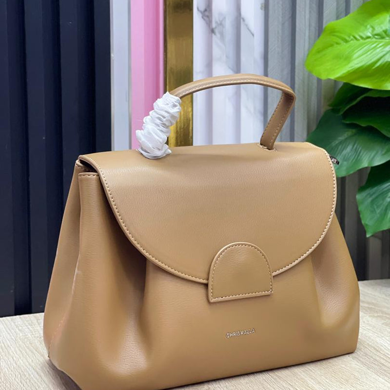 ChrisKalla Premium Taupe Structured Leather Handbag | Elegant Minimalist Tote for Everyday & Office Use