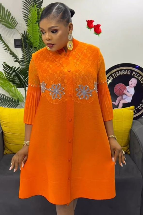 Elegant Floral Embellished Button-Down Short Gown Premium Pleated Sleeve Dress