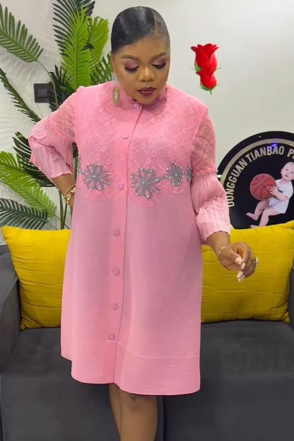 Elegant Floral Embellished Button-Down Short Gown Premium Pleated Sleeve Dress