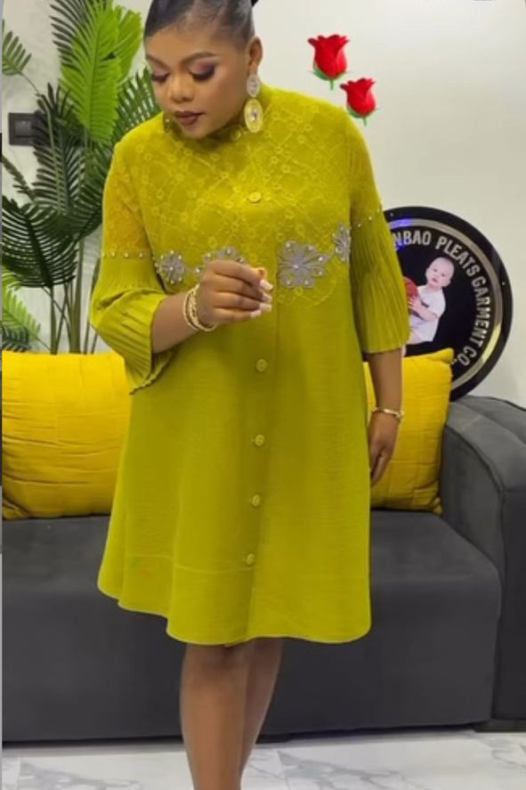 Elegant Floral Embellished Button-Down Short Gown Premium Pleated Sleeve Dress