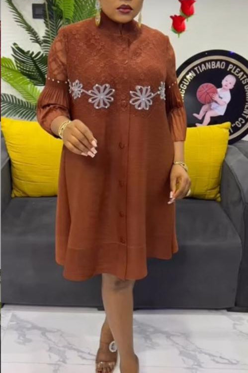 Elegant Floral Embellished Button-Down Short Gown Premium Pleated Sleeve Dress