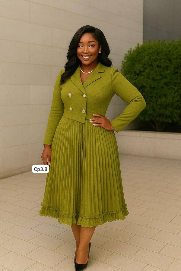 Luxury Pleated Double-Breasted Midi Gown Elegant Women’s Fashion Dress