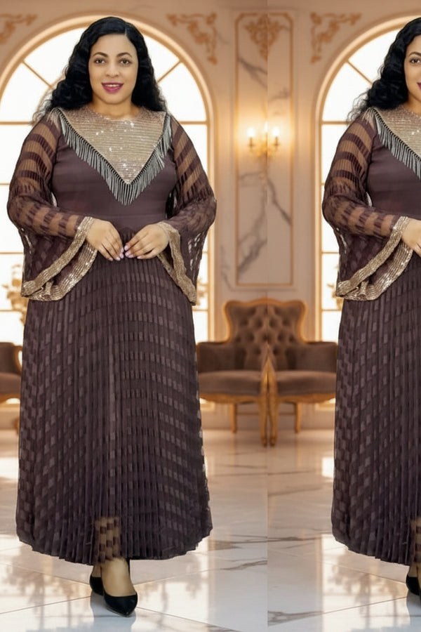 Vast Luxury Elegant Pleated Free-Size Kaftan Gown with Sequins & Sheer Sleeves | Brown, Green & Pink Colors