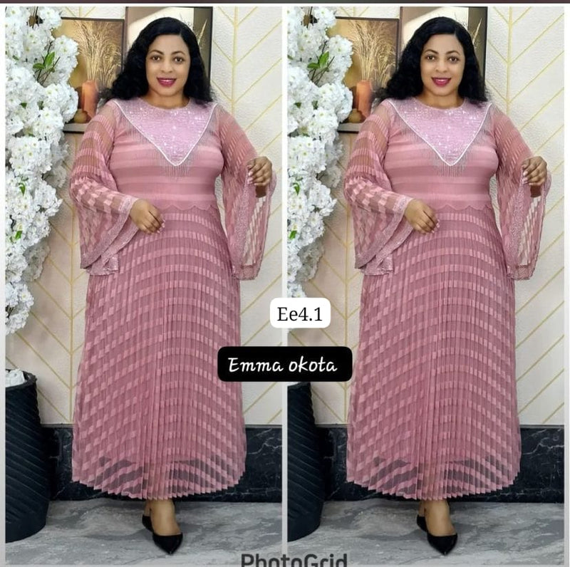 Vast Luxury Elegant Pleated Free-Size Kaftan Gown with Sequins & Sheer Sleeves | Brown, Green & Pink Colors