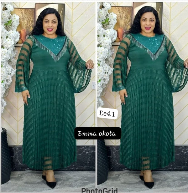 Vast Luxury Elegant Pleated Free-Size Kaftan Gown with Sequins & Sheer Sleeves | Brown, Green & Pink Colors