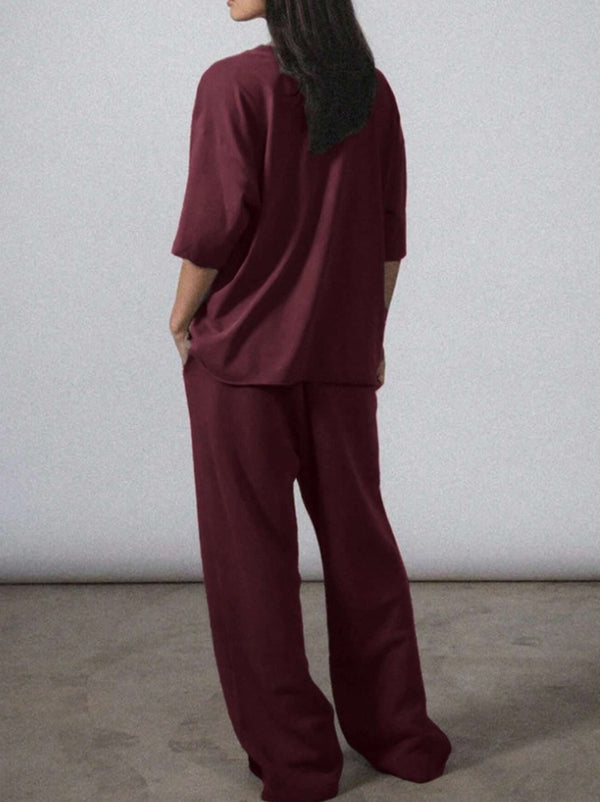 2pcs Women Solid Color Crew Neck Short Sleeve Top And Long Pants Casual Outfit