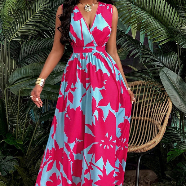 Print Deep V Neckline Cinched Waist Fit And Flare Dress Maxi Women Outfit