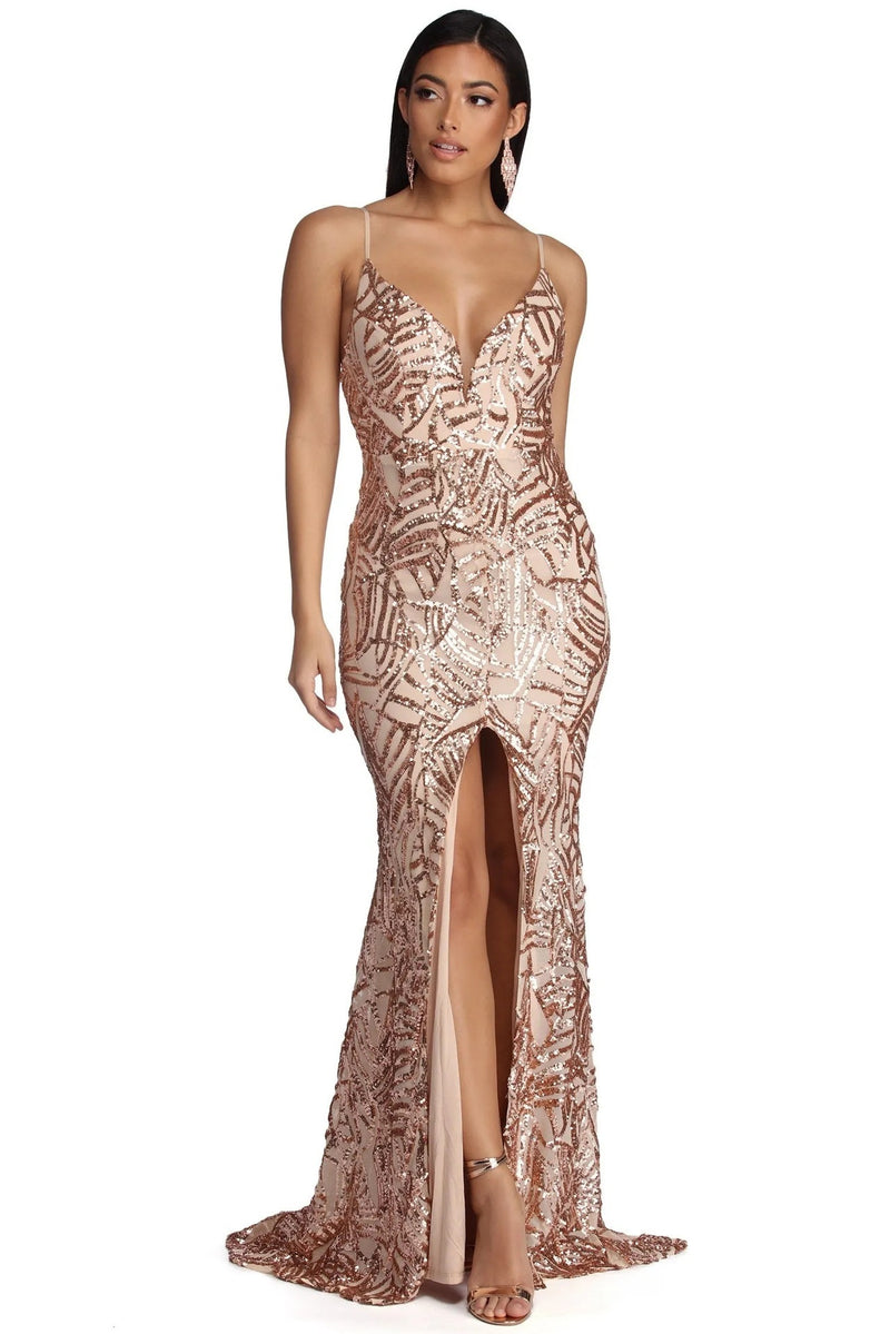 Geometric Sequin Sling Evening Gown