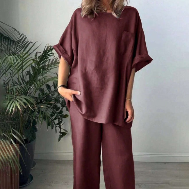 2pcs Women Solid Color Crew Neck Short Sleeve Top And Long Pants Casual Outfit