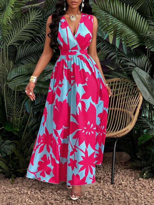 Print Deep V Neckline Cinched Waist Fit And Flare Dress Maxi Women Outfit