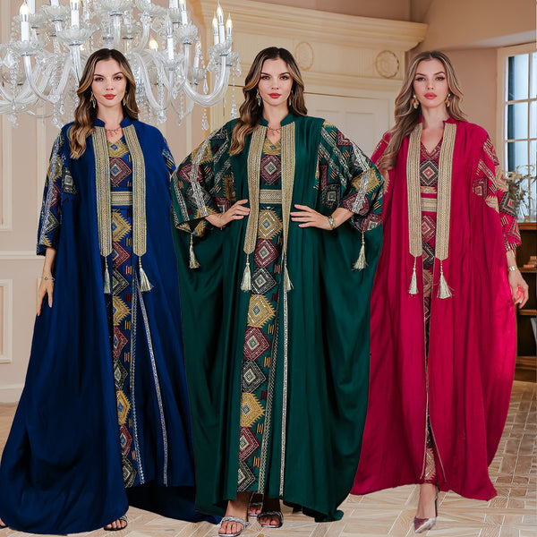Middle East Muslim Embroidered Robe Abaya Light Luxury Evening Gown Two-piece Set Dress