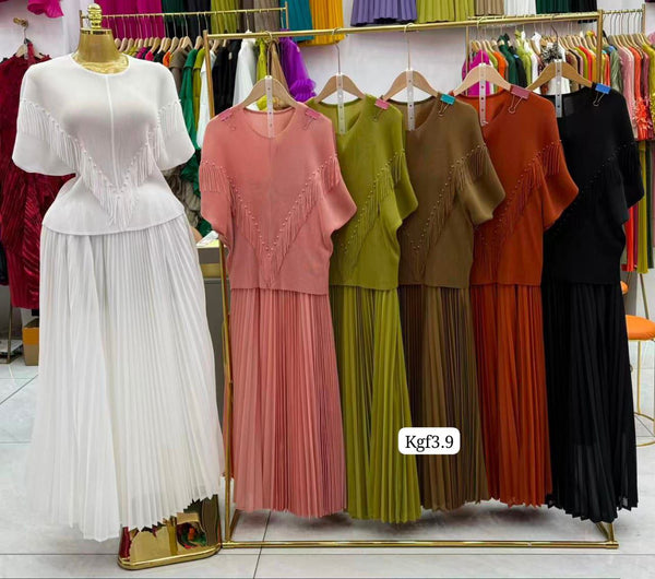 Elegant Pleated Two-Piece Fringe Set for Women Free Size