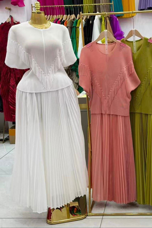 Elegant Pleated Two-Piece Fringe Set for Women Free Size