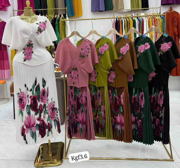 Floral Embroidery Pleated Two-Piece Skirt Set women's dress Free Size