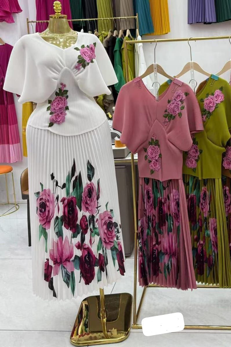 Floral Embroidery Pleated Two-Piece Skirt Set women's dress Free Size